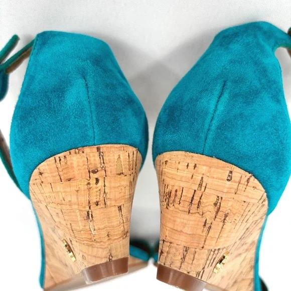 Tory Burch Teal Blue Suede Cork Wedge Sandals Ankle Strap Gold Logo Sz 10M - Picture 5 of 6